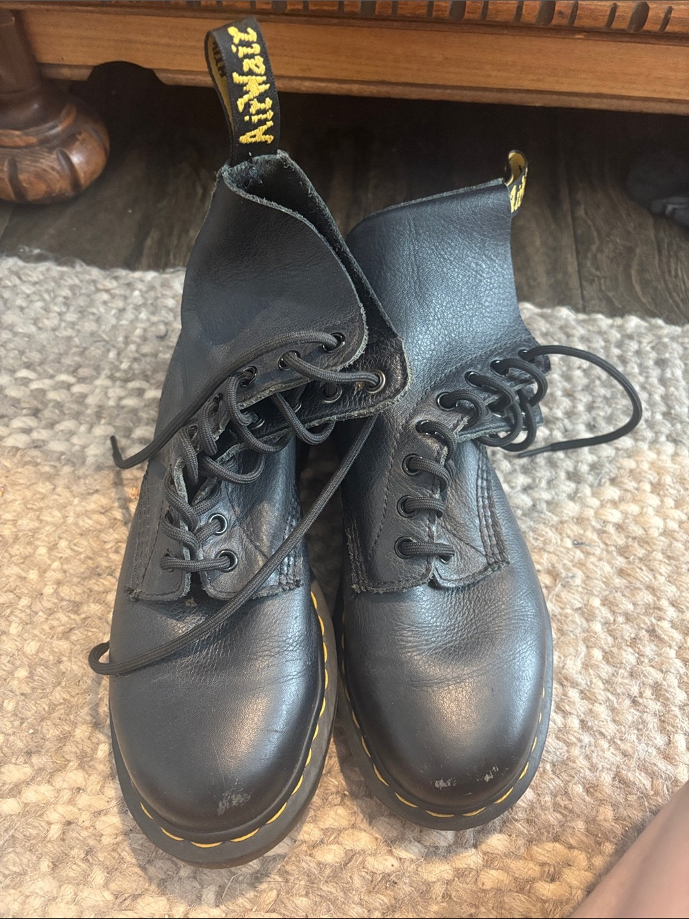 Dr. Martens Black Leather Lace-Up Boots with Yellow Stitching